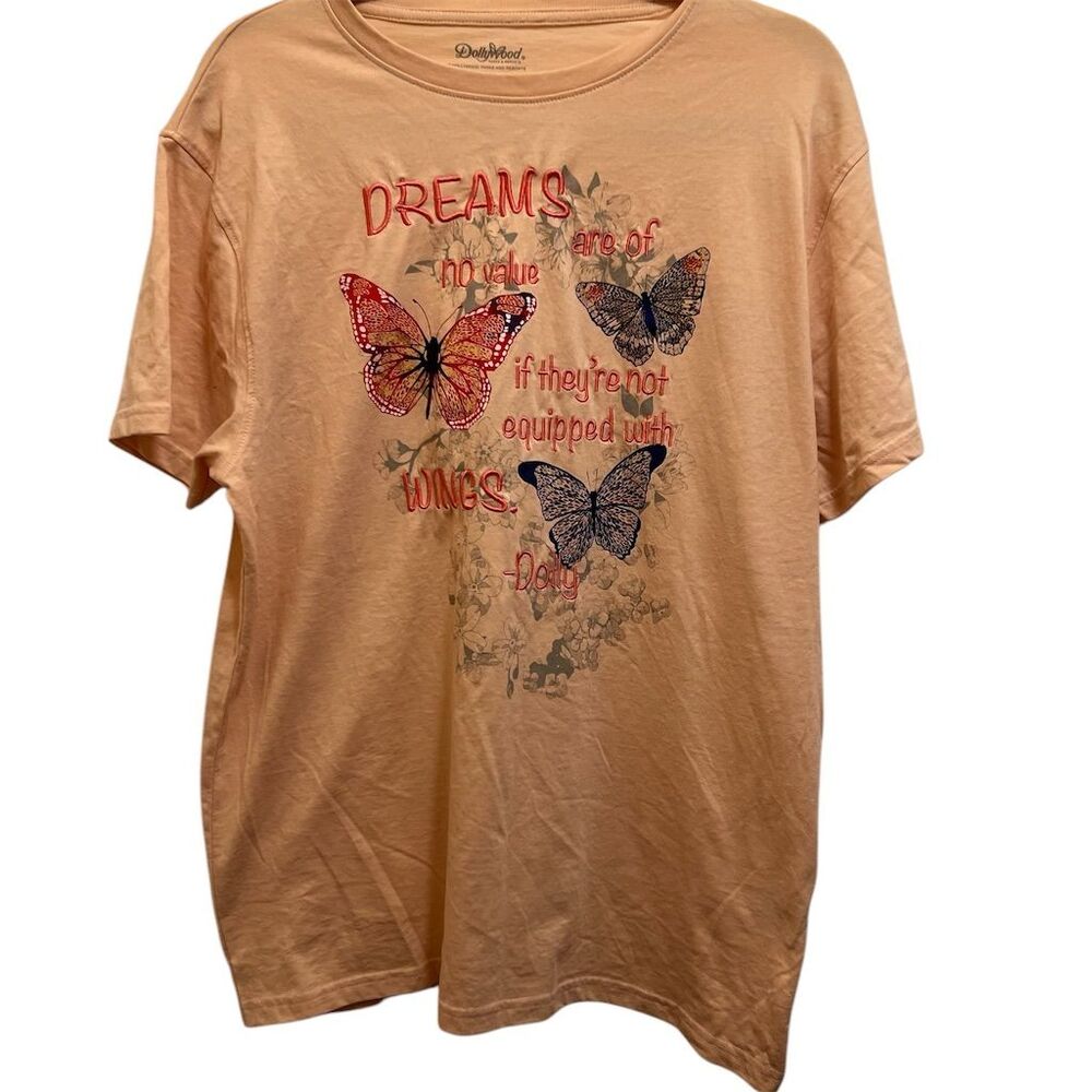 Dollywood Women's L Peach Butterfly Graphic Tee Inspirational Casual